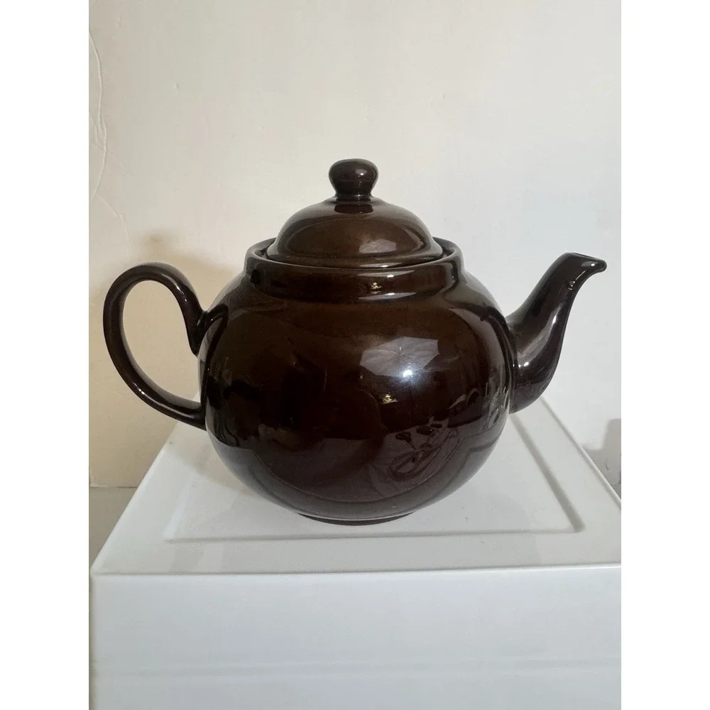 Vintage Brown Glazed Ceramic Teapot Made In England Round Pottery Tea Pot Lid